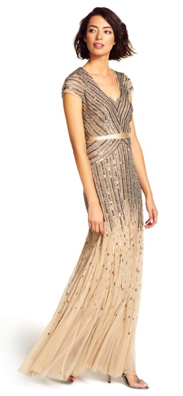 Adrianna Papell Women's Long Beaded V-Neck Dress with Cap Sleeves and Waistband, Nude, 20