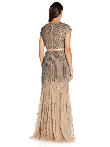 Adrianna Papell Women's Long Beaded V-Neck Dress with Cap Sleeves and Waistband, Nude, 20 - Image 6