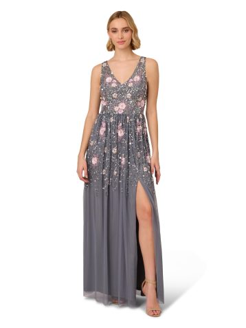 Adrianna Papell Women's Beaded Mesh Long Special Occasion Dress, Dusty Blue Multi, 10