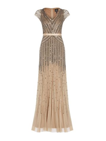 Adrianna Papell Women's Long Beaded V-Neck Dress with Cap Sleeves and Waistband, Nude, 20 - Image 2