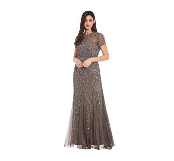 Adrianna Papell womens091904940Short-sleeve Beaded Mesh Gown Short-Sleeve Dress - Gray - 14