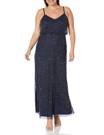 Adrianna Papell Long Beaded Blouson Maxi Gown Dress, Navy