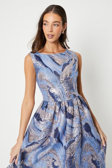 Coast Slash Neck Jacquard Midi Dress, 10, Blue - Image 2