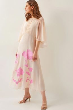 Monsoon Natalie embroidered cape midi dress cream pink