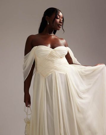 ASOS DESIGN Curve pleated corset maxi wedding dress ivory