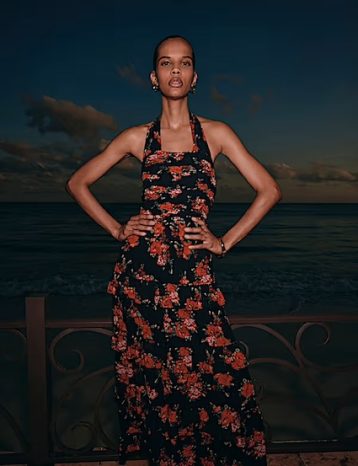M&S Floral Halterneck Maxi Tiered Dress Red Black