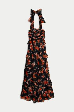 M&S Floral Halterneck Maxi Tiered Dress Red Black