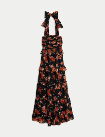 M&S Floral Halterneck Maxi Tiered Dress Red Black