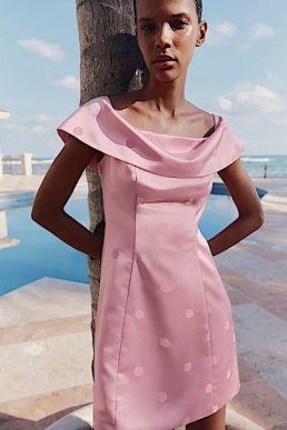 M&S Satin Polka Dot Bardot Mini Dress Pink