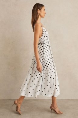 Reiss Dottie Polka Dot Midi Dress Black White
