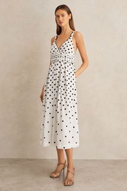 Reiss Dottie Polka Dot Midi Dress Black White