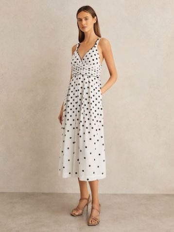 Reiss Dottie Polka Dot Midi Dress Black White