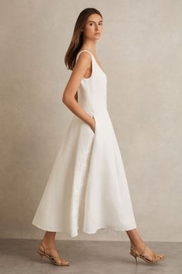 Reiss Elise Linen Floral-Embroidered Midi Dress Ivory
