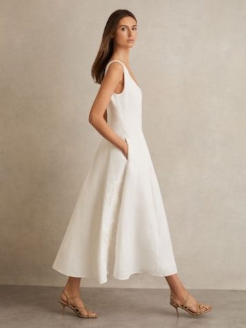 Reiss Elise Linen Floral-Embroidered Midi Dress Ivory