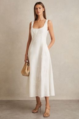 Reiss Elise Linen Floral-Embroidered Midi Dress Ivory