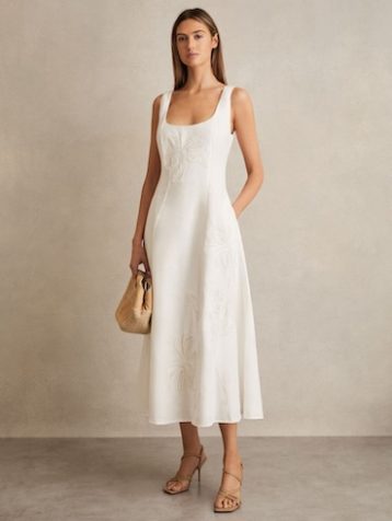 Reiss Elise Linen Floral-Embroidered Midi Dress Ivory