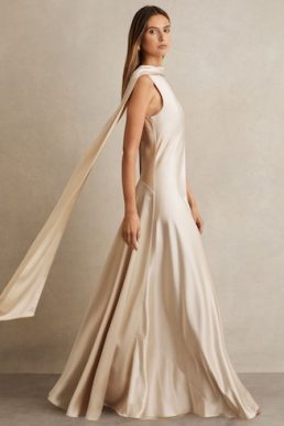 Reiss Fae Satin Cape Maxi Dress Champagne