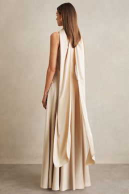 Reiss Fae Satin Cape Maxi Dress Champagne