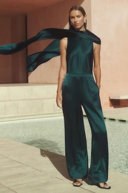 Reiss Farah Satin Cape Sash Jumpsuit Teal Green