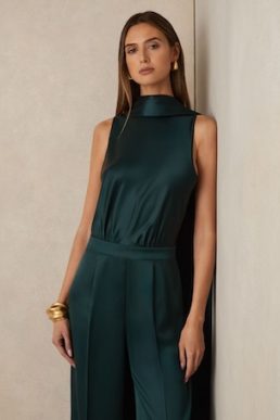 Reiss Farah Satin Cape Sash Jumpsuit Teal Green