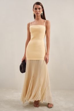 Reiss Milana Pleated Skirt Ribbed Midi Dress Yellow
