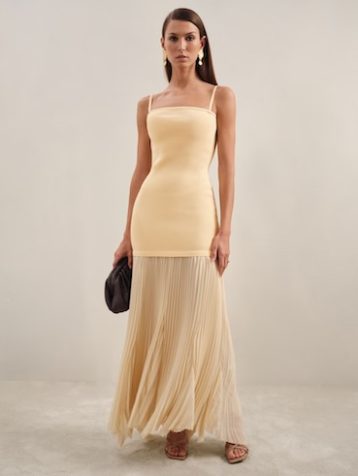 Reiss Milana Pleated Skirt Ribbed Midi Dress Yellow