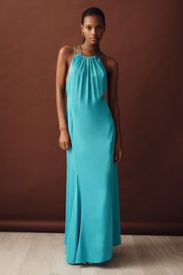 Reiss Tallie Satin Halterneck Maxi Dress Blue