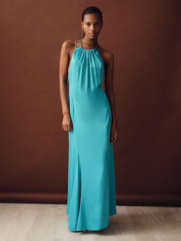 Reiss Tallie Satin Halterneck Maxi Dress Blue