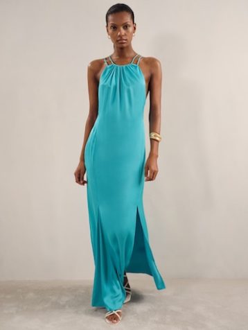 Reiss Tallie Satin Halterneck Maxi Dress Blue