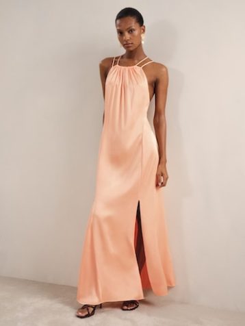 Reiss Tallie Satin Halterneck Maxi Dress Peach