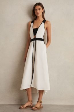 Reiss Valencia Contrast Trim Flared Midi Dress Linen Ivory Black