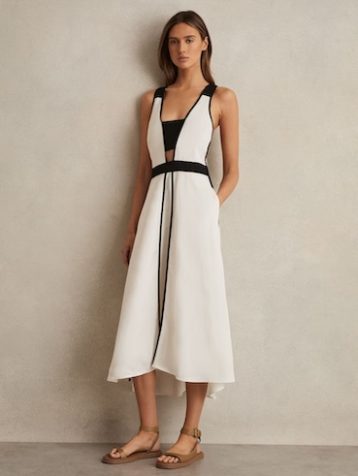 Reiss Valencia Contrast Trim Flared Midi Dress Linen Ivory Black