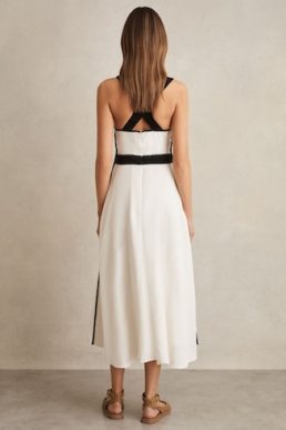 Reiss Valencia Contrast Trim Flared Midi Dress Linen Ivory Black