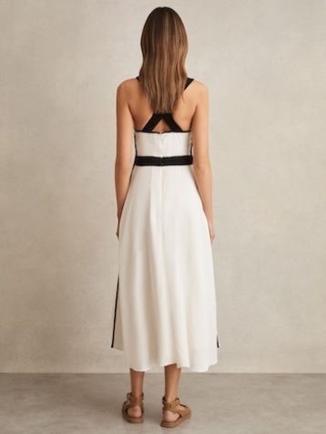 Reiss Valencia Contrast Trim Flared Midi Dress Linen Ivory Black