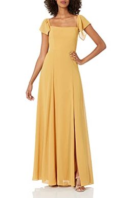 Jenny Yoo Women's Elsie Off The Shoulder Flutter Sleeve Chiffon Dress, Marigold