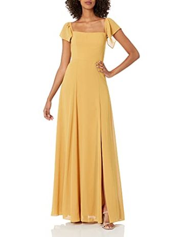 Jenny Yoo Women's Elsie Off The Shoulder Flutter Sleeve Chiffon Dress, Marigold