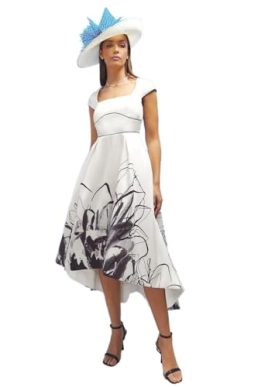 Coast Lisa Tan Floral Placement Print Twill Midi Dress, Black/White