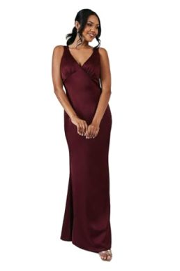 Coast V Neck Bow Detail Satin Bridesmaid Dress, Malbec