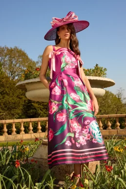 Coast Lisa Tan Twill Tie Detail Printed Midi Dress Purple Multi