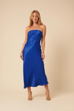 Nobody's Child Blue Satin Bandeau Ellie Midi Dress