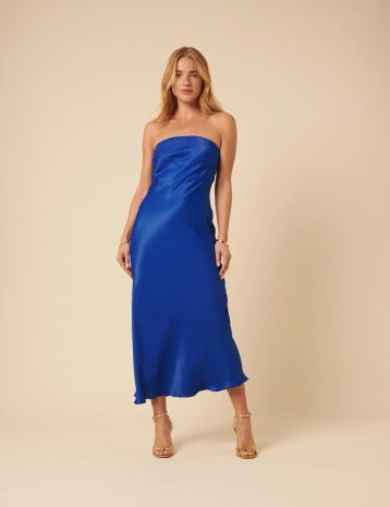 Nobody's Child Blue Satin Bandeau Ellie Midi Dress