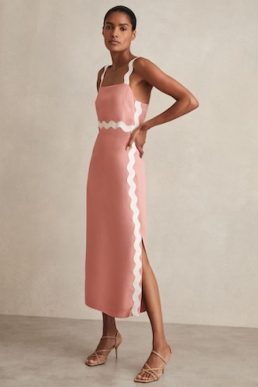 Reiss Asher Wave-Trim Crepe Midi Dress Pink White