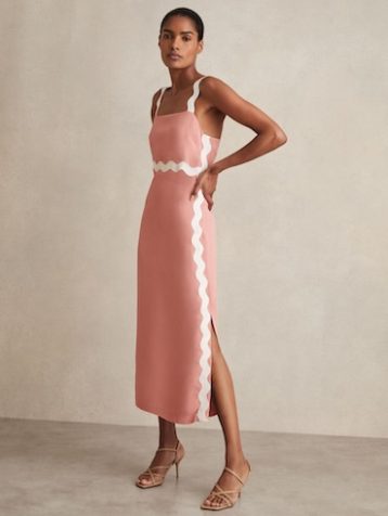 Reiss Asher Wave-Trim Crepe Midi Dress Pink White