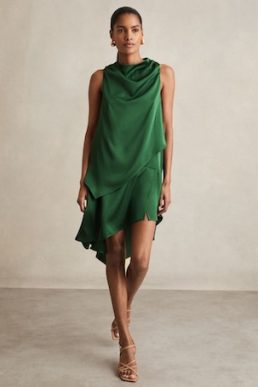 Reiss Eloise Satin Draped-Neck Layered Dress Green