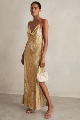 Reiss Rochelle Satin Floral-Print Slip Maxi Dress Gold