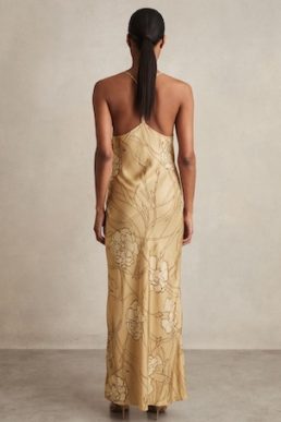 Reiss Rochelle Satin Floral-Print Slip Maxi Dress Gold