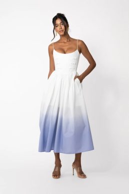 Sau Lee Henley Henley Midi Dress White Blue Ombre