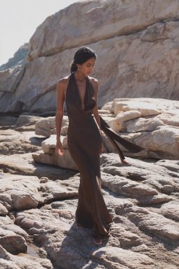 Sau Lee Pearl Charmeuse Satin Gown Mocha Brown