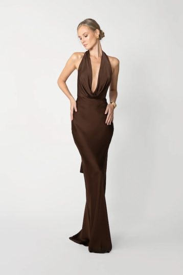 Sau Lee Pearl Charmeuse Satin Gown Mocha Brown