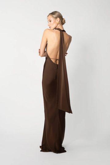 Sau Lee Pearl Charmeuse Satin Gown Mocha Brown